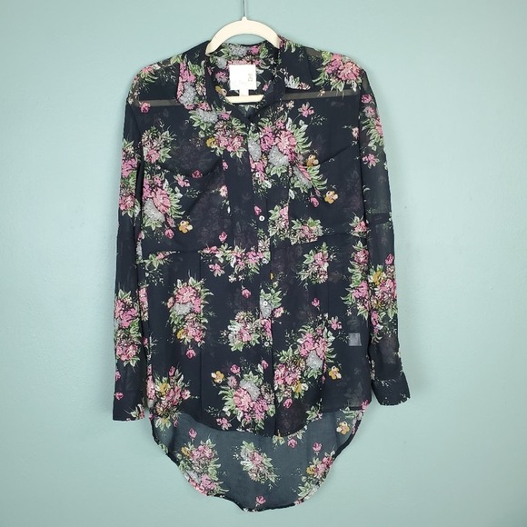 Line & Dot Sheer Floral Oversized Button Down Top - Picture 1 of 7